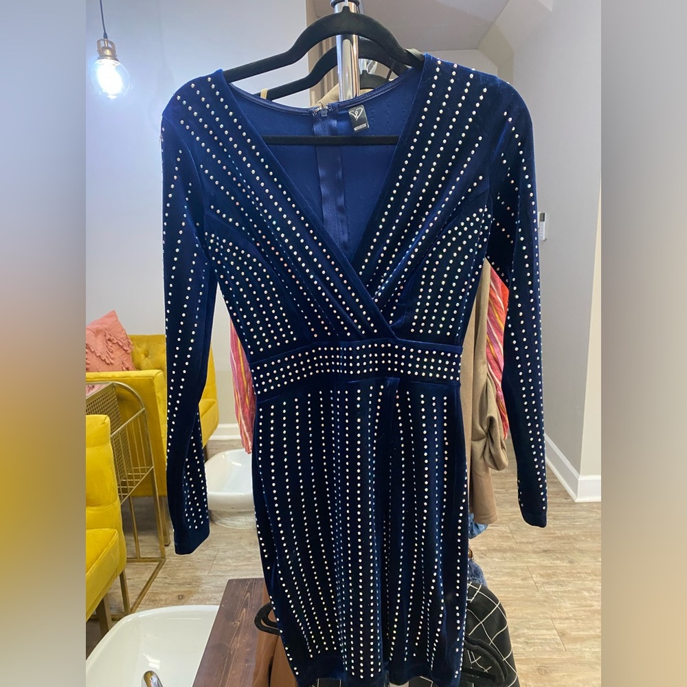 Size Small, rhinestone velvet navy blue dress